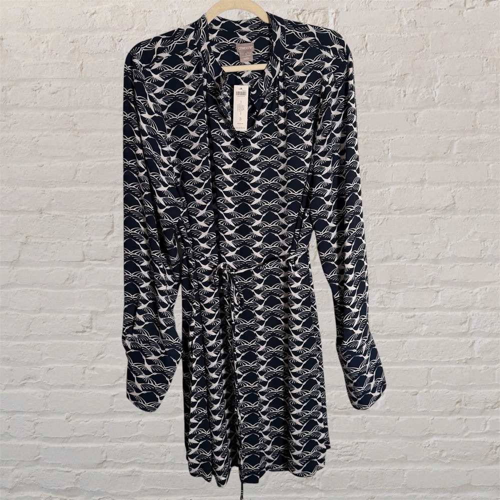 Chico's sz 3 US XL Navy Blue White Bird Geo Print Button Up Tunic Shirt long slv